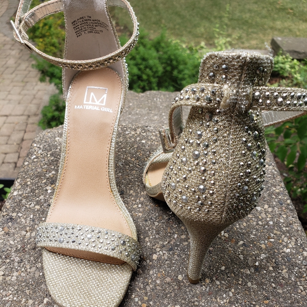 Material girl gold silver champagne rhinestone ankle strap heels